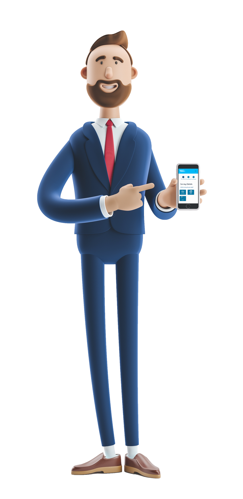 3d male character standing up pointing at his mobile phone screen