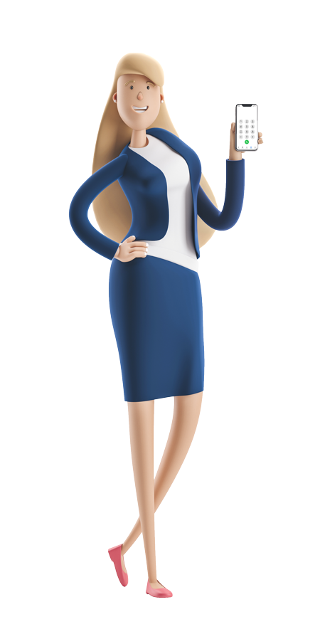 female surveyor in blue suit holding iphone with keypad