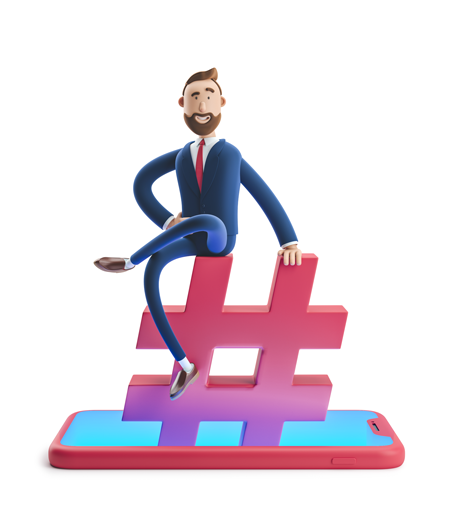 3D male sitting on a hashtag on top of a mobile phone