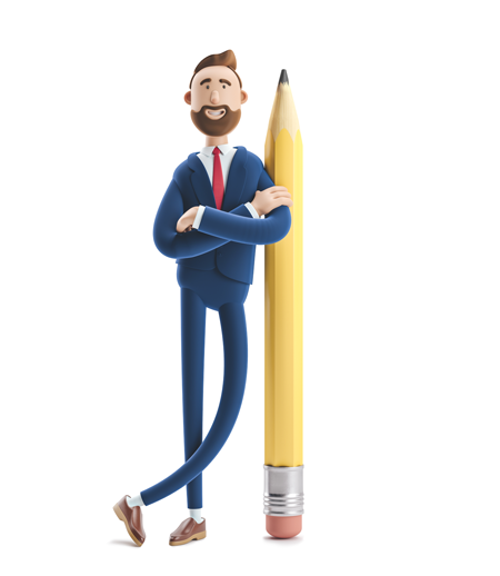 3d male standing next to a large 3d vertical pencil