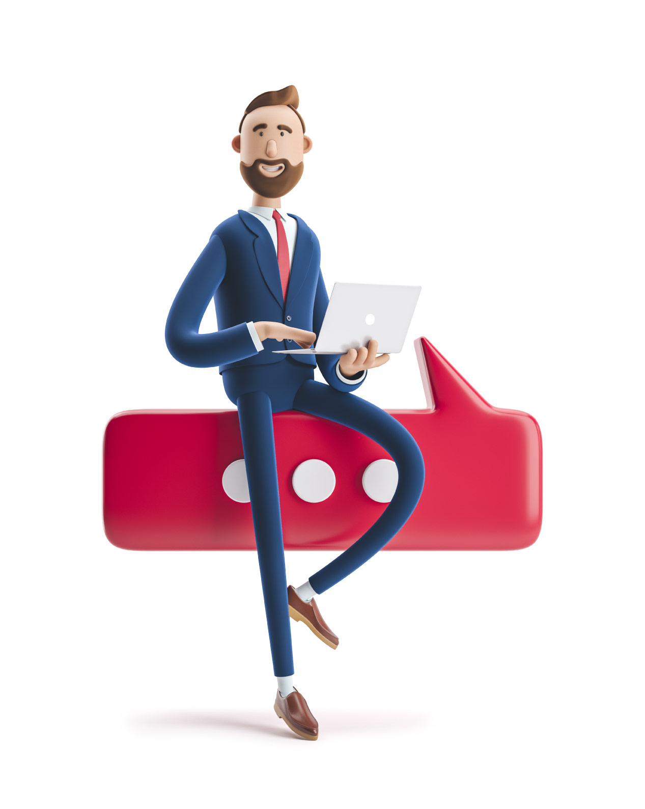 3d male business character sitting on a red speech bubble with a laptop