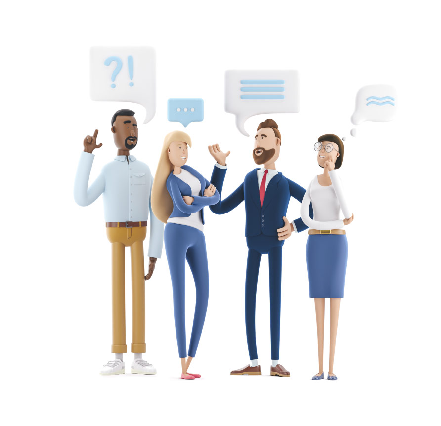 Group of 3d office workers with speak bubbles and questions above them