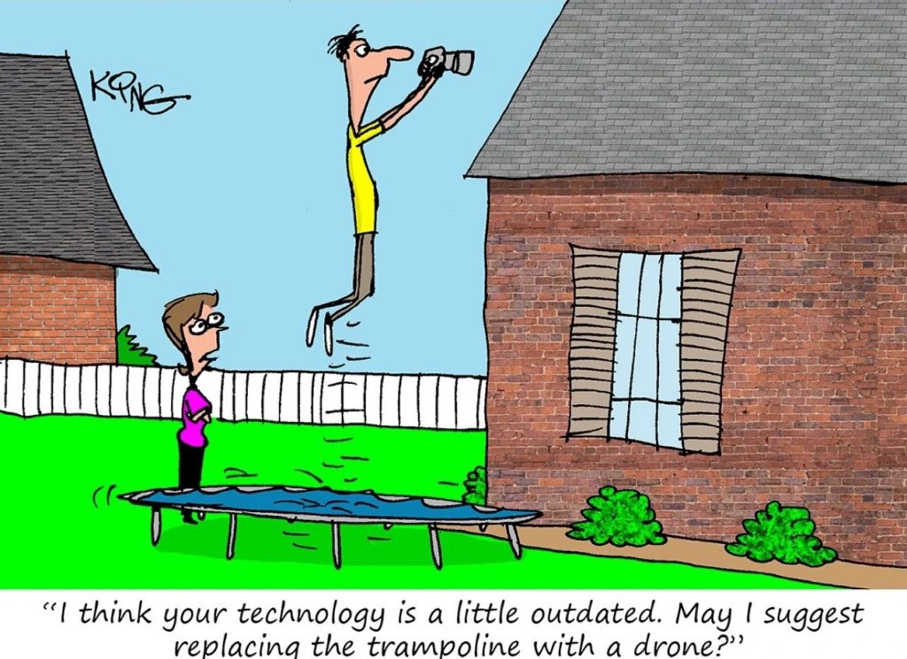 Cartoon of a surveyor jumping on a trampoline to take photos of the roof instead of using a drone