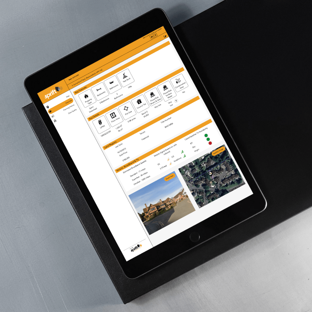 Sprift property report displayed on an iPad