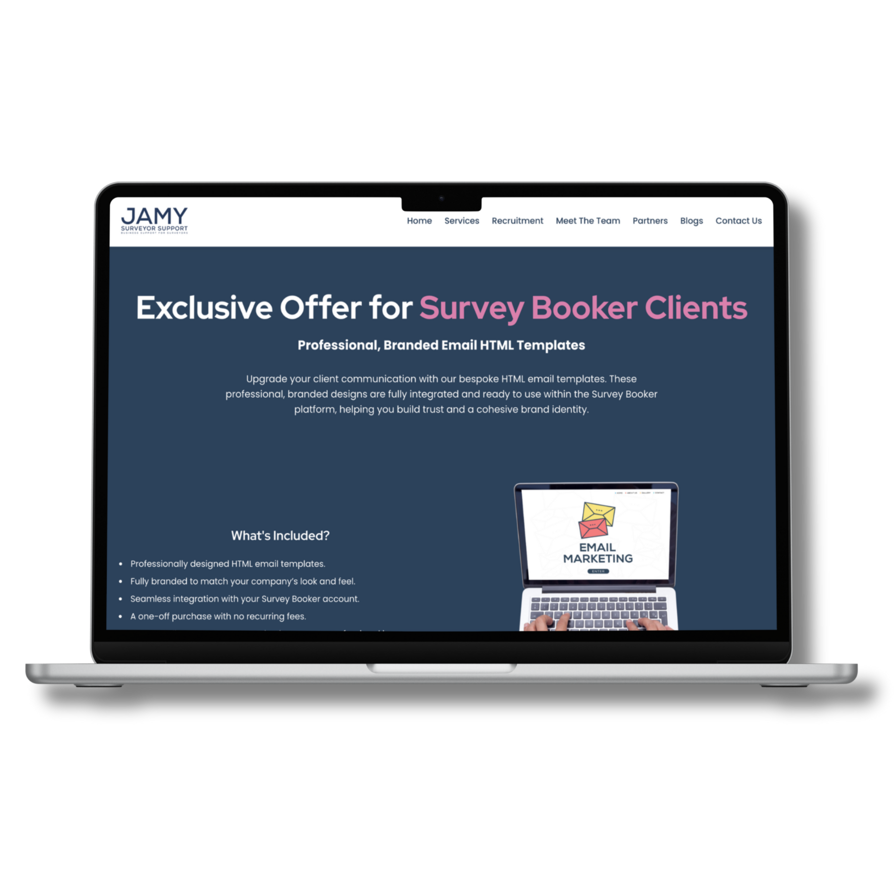 JAMY email template offer for Survey Booker customers displayed on a laptop
