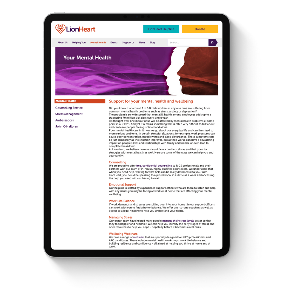 LionHeart mental health and wellbeing support shown on an iPad