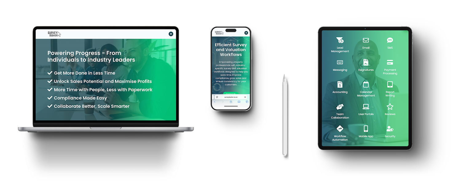 Survey Booker CRM and survey management features on a mobile device