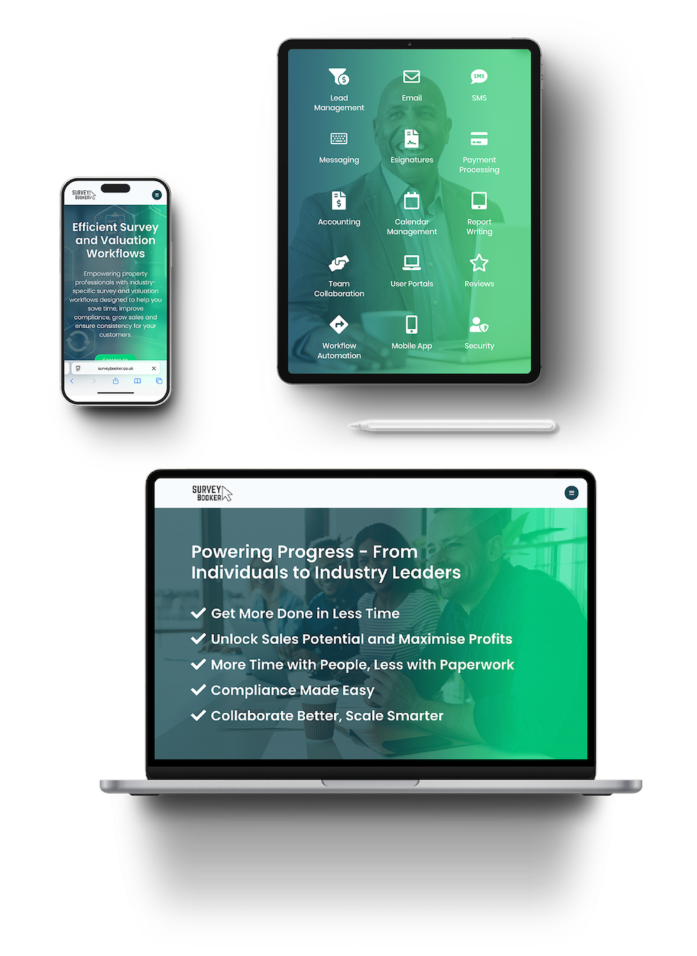Survey Booker CRM and survey management features shown across desktop, tablet and mobile devices