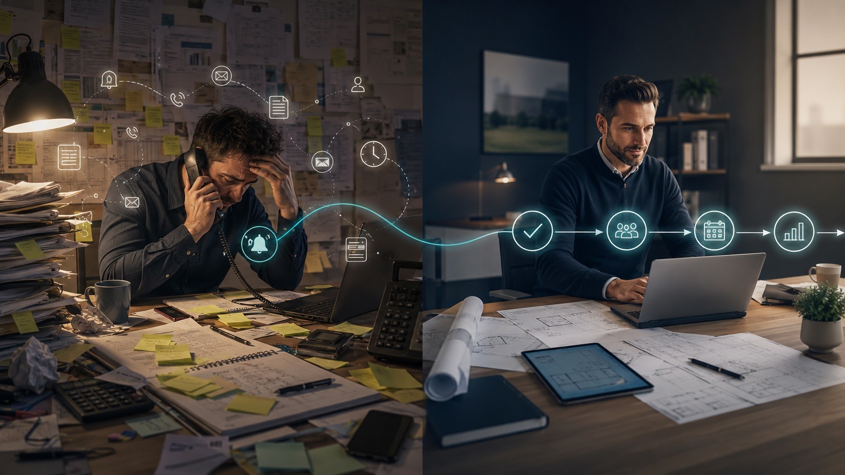 Comparison between a busy manual surveying process and a calm, organised automated workflow.