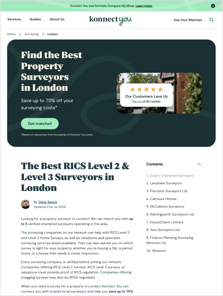 Konnect You article featuring its Top 10 property surveying firms in London