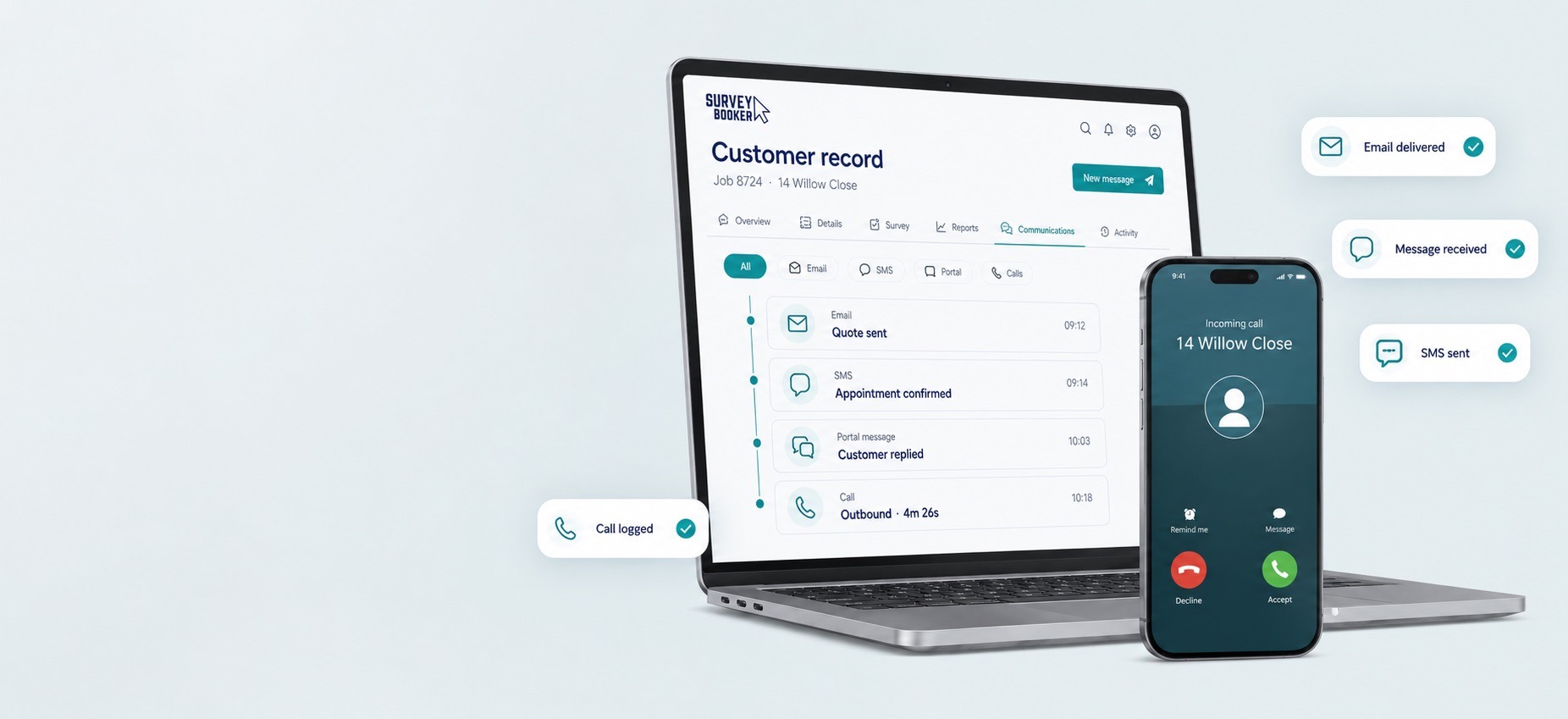 Customer using Survey Booker communication tools for portal messages, email, SMS and calls