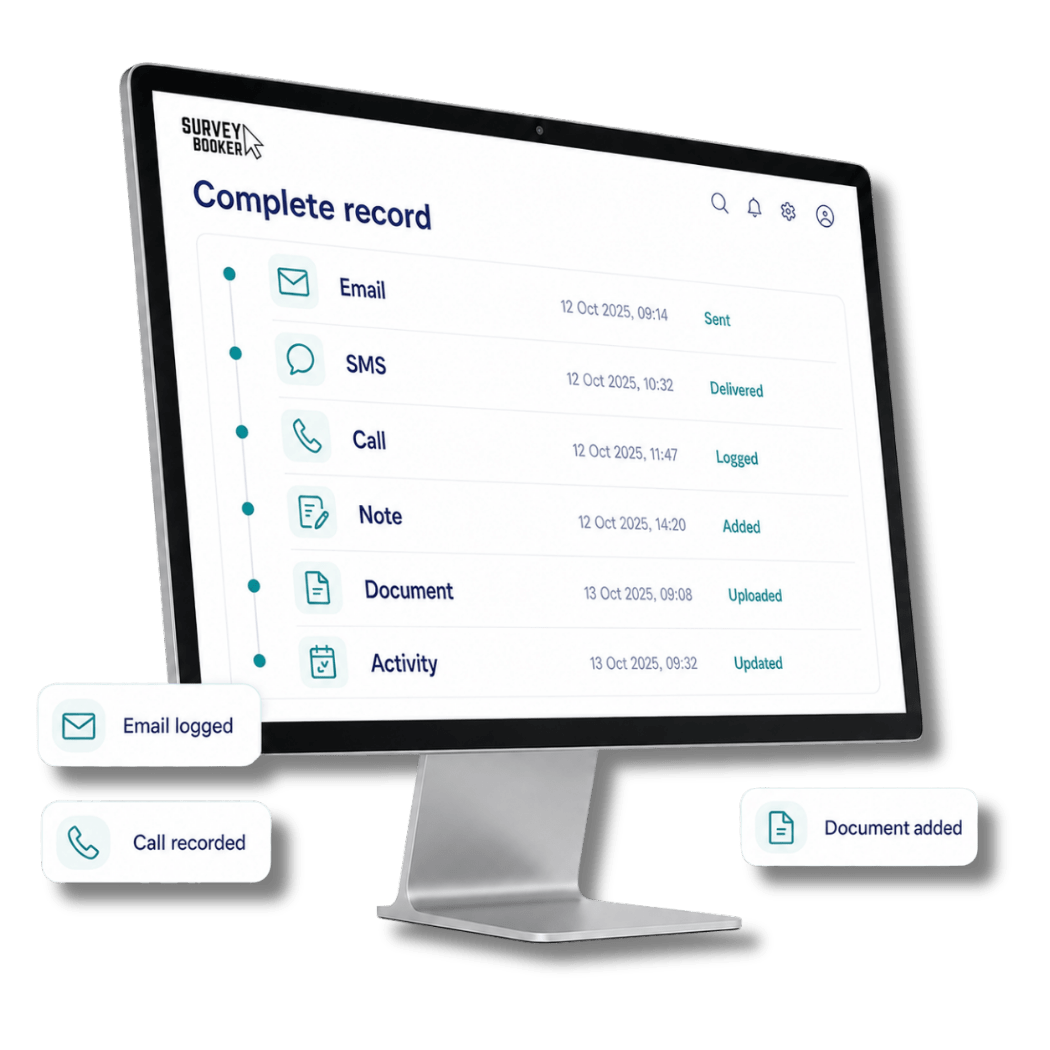 Survey Booker job record showing emails, SMS, calls, notes, documents and activity