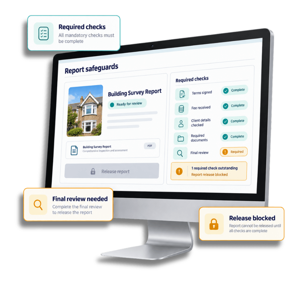 Survey Booker checklist showing required checks and report release blocking