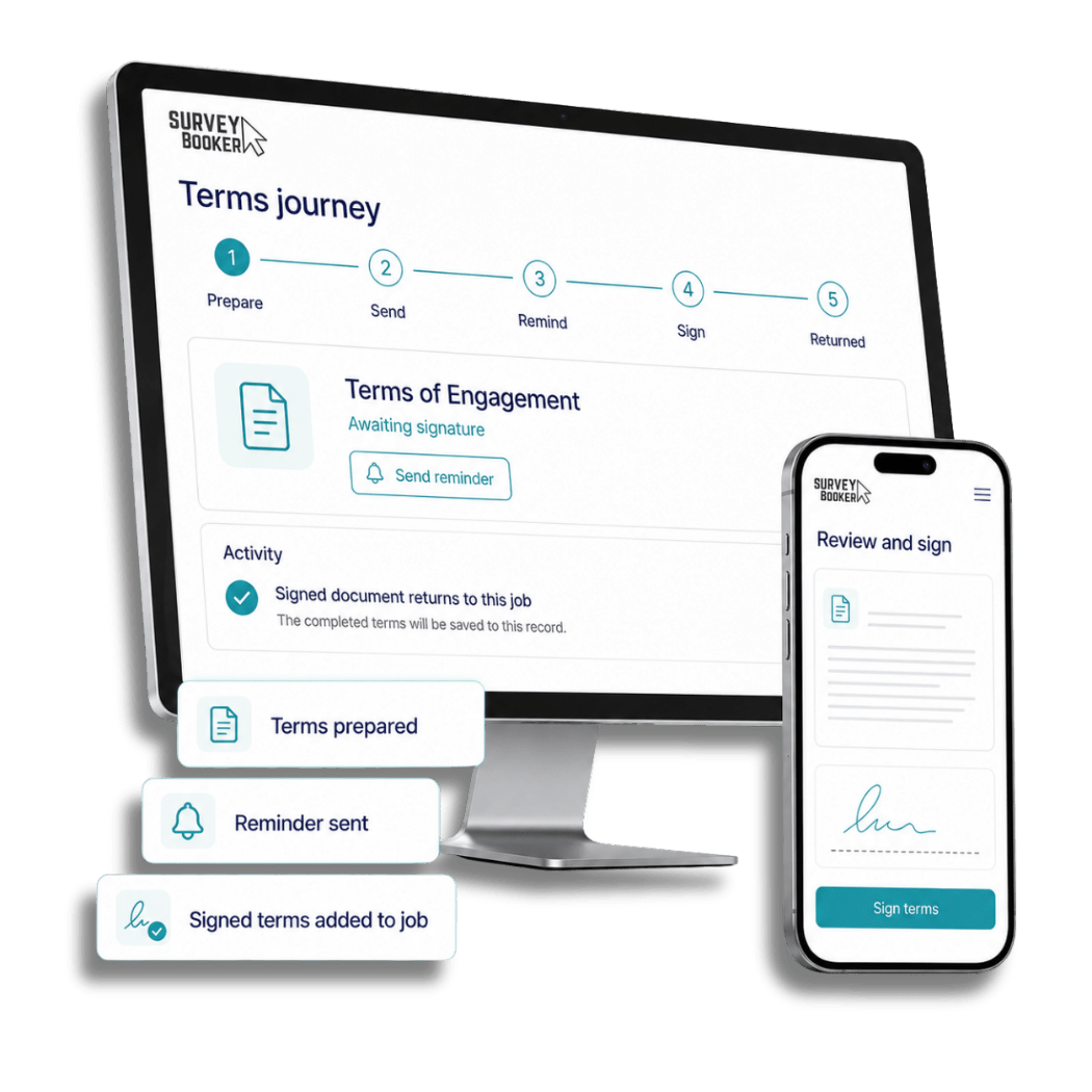 Terms of Engagement prepared in Survey Booker, signed on mobile and returned to the job record