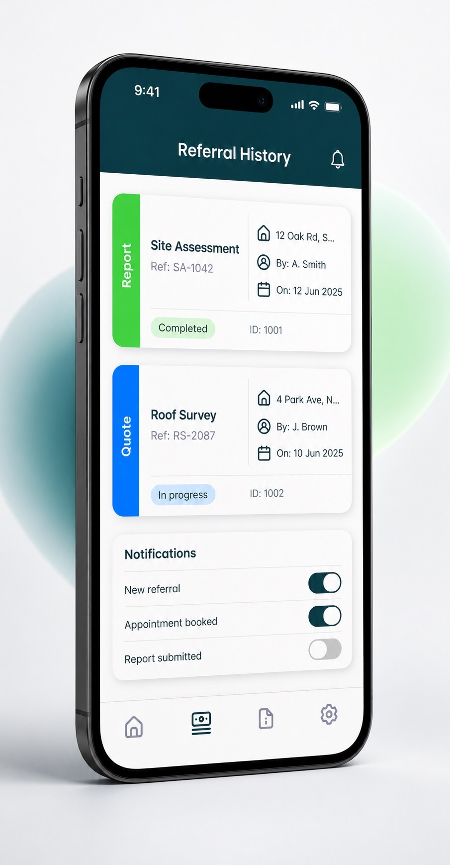 Survey Booker Referrer Mobile App showing referral history and push notification settings