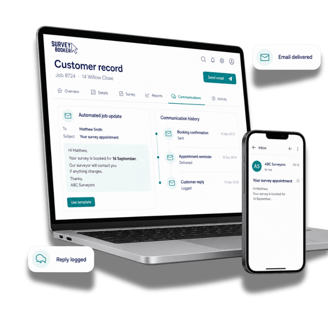 Automated Survey Booker job email and logged customer communication history
