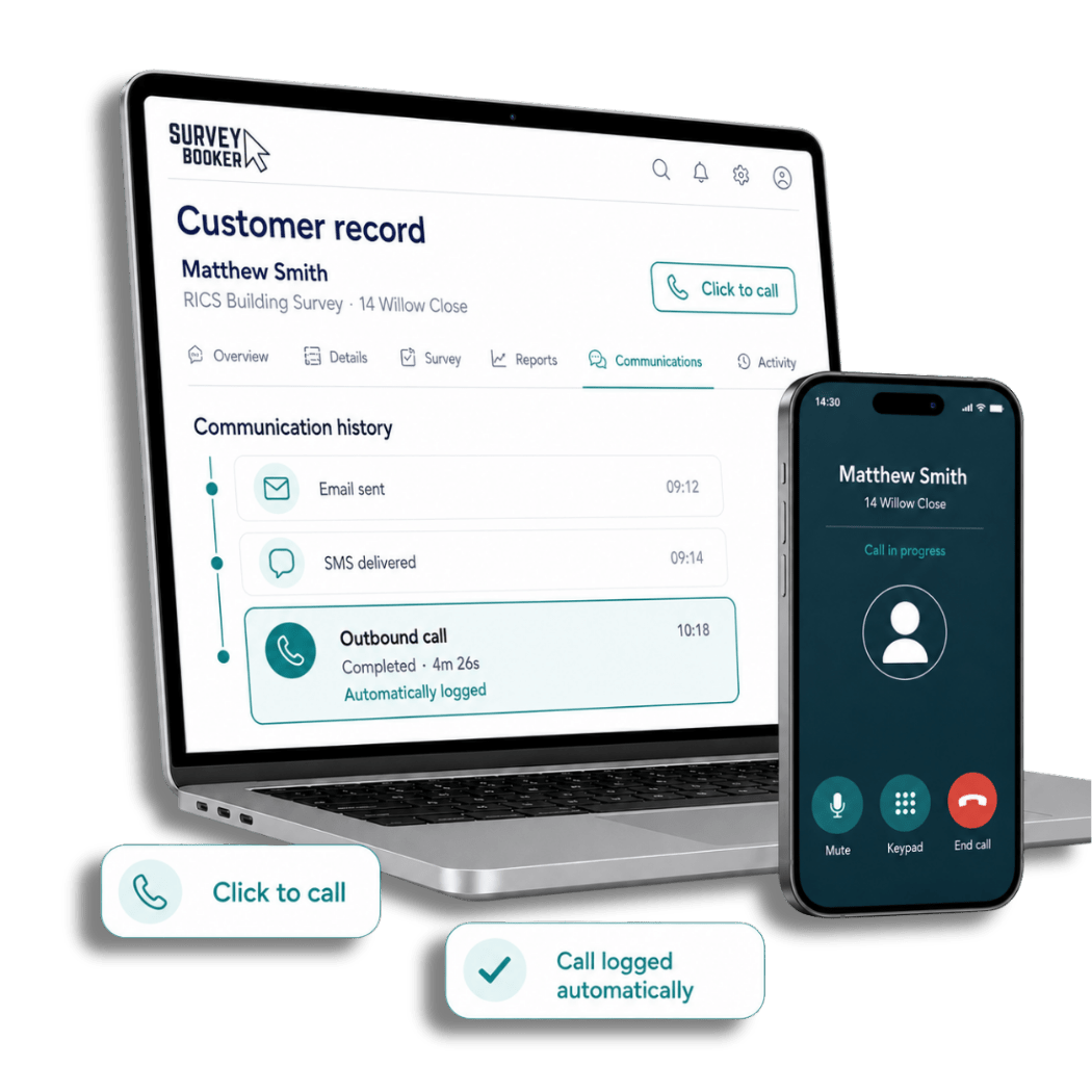 Survey Booker click-to-call integration with a completed call automatically logged