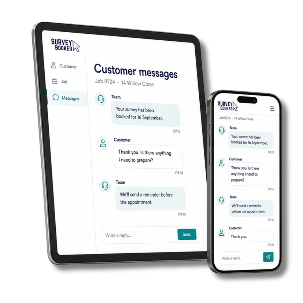 Customer and team message exchange through the Survey Booker portal