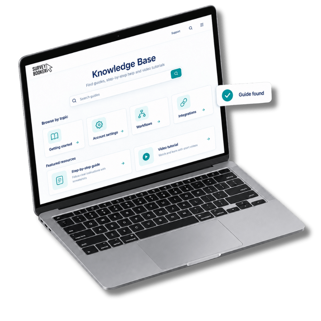 Survey Booker knowledge base with guides and video tutorials