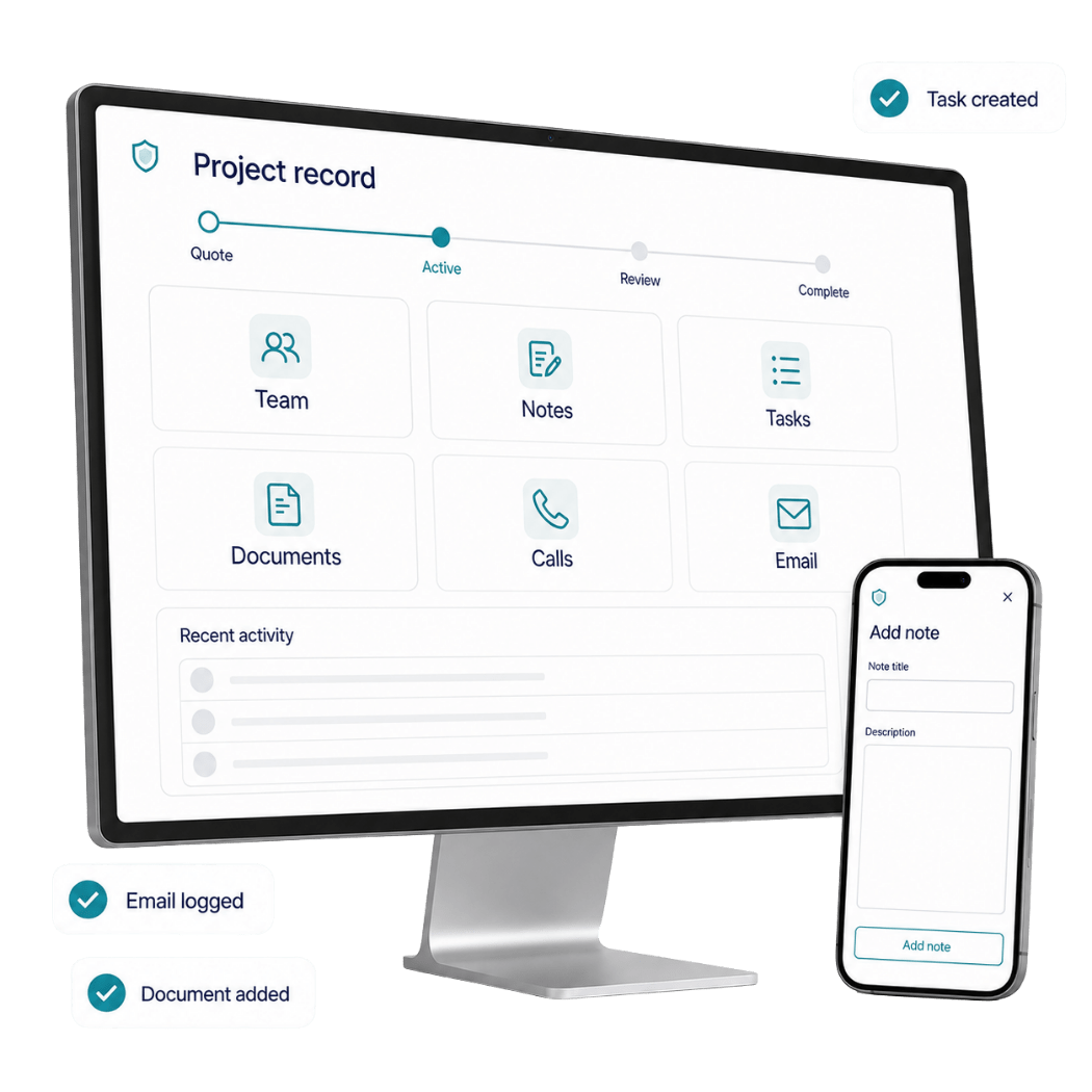 Survey Booker project administration, tasks, notes and communications