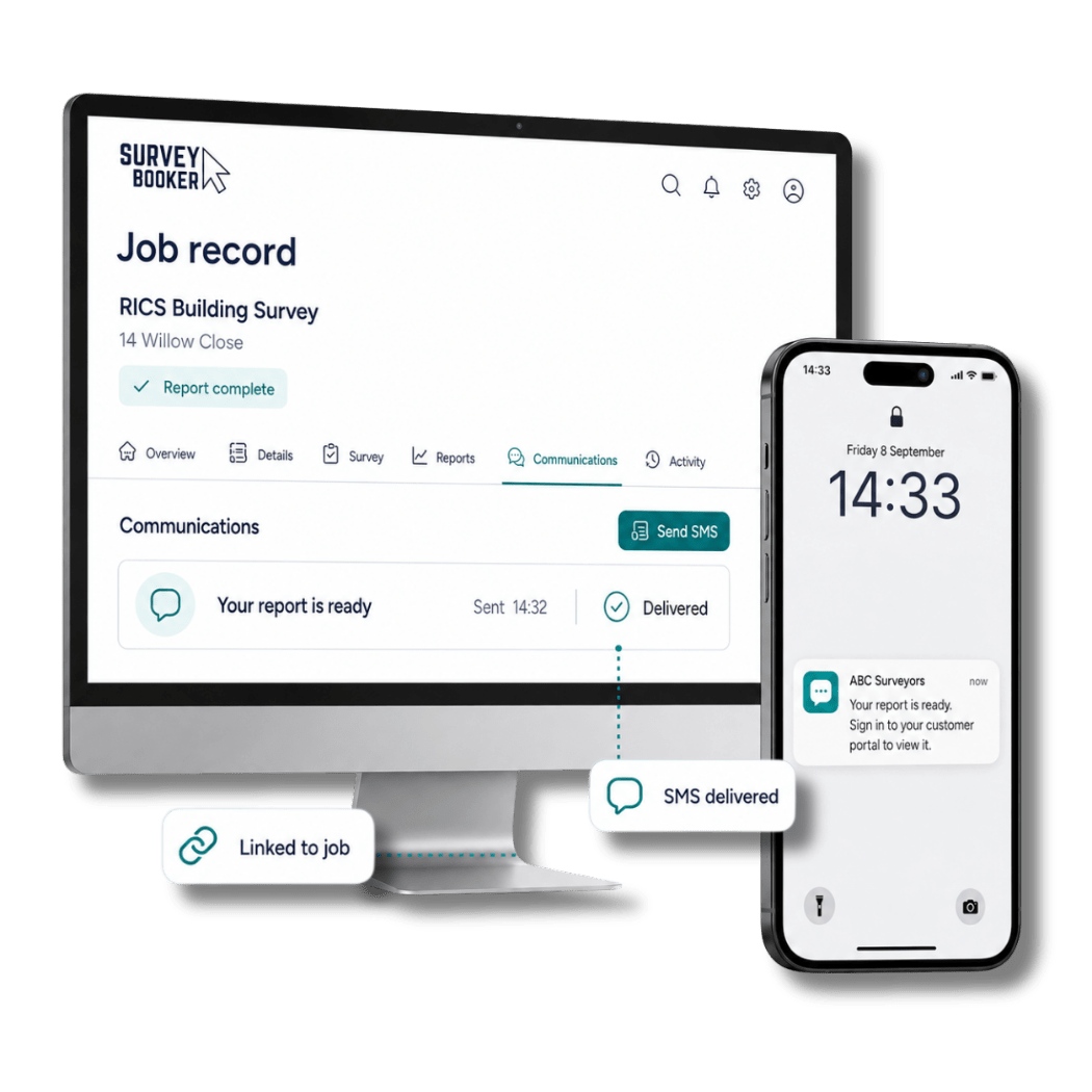 Survey Booker job record with a report-ready SMS notification linked to the job