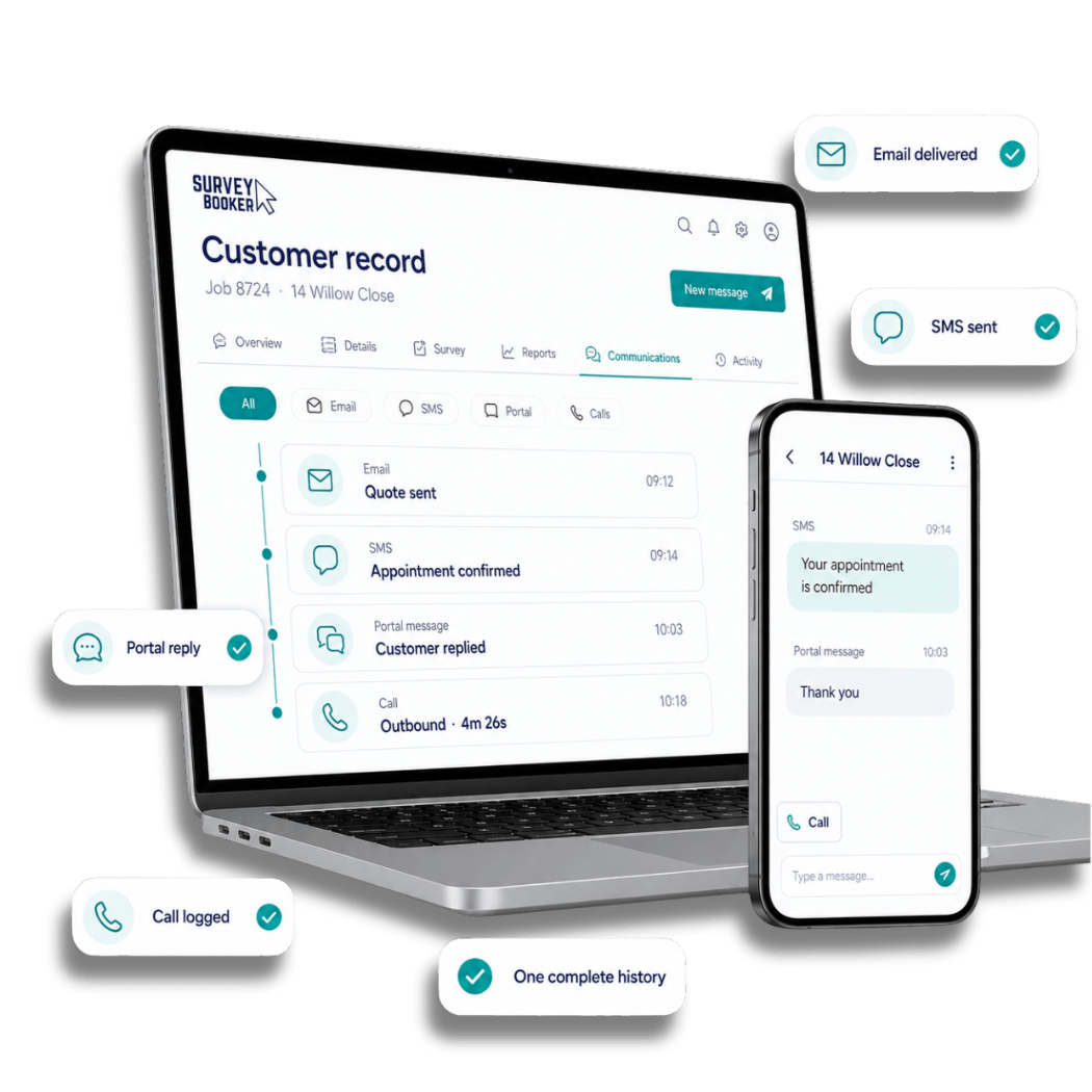 Survey Booker unified communications dashboard showing email, SMS, portal messages and calls