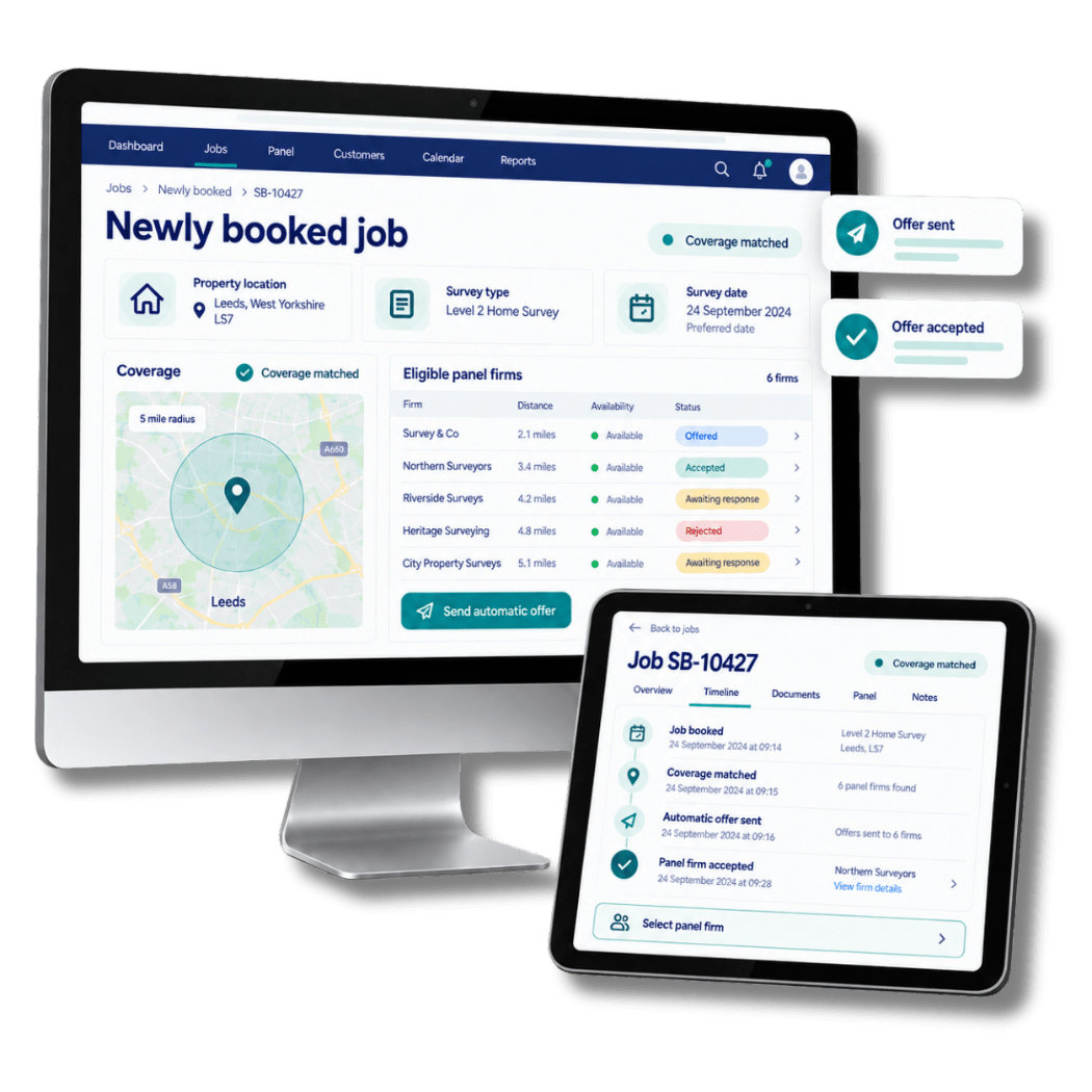 Dashboard for automatically allocating surveying jobs and sending offers to eligible panel firms