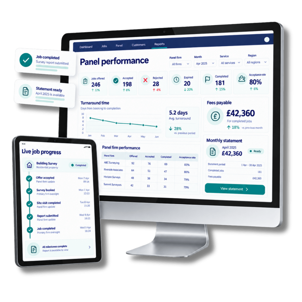 Shared panel job record showing live progress updates between surveying firms
