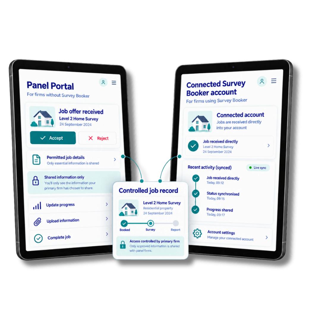 Panel Portal and connected Survey Booker account options for external surveying firms