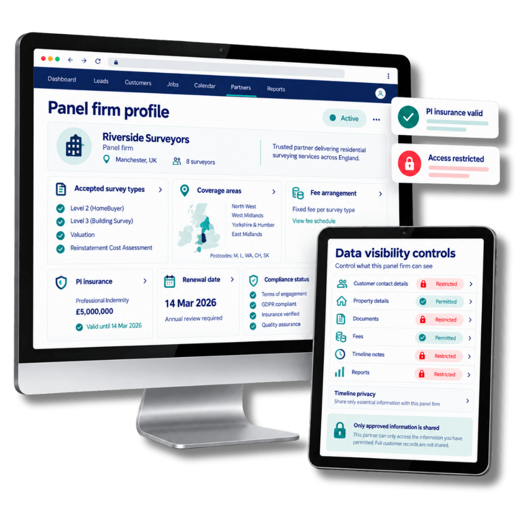 Panel governance controls for partner coverage, compliance requirements and job data visibility