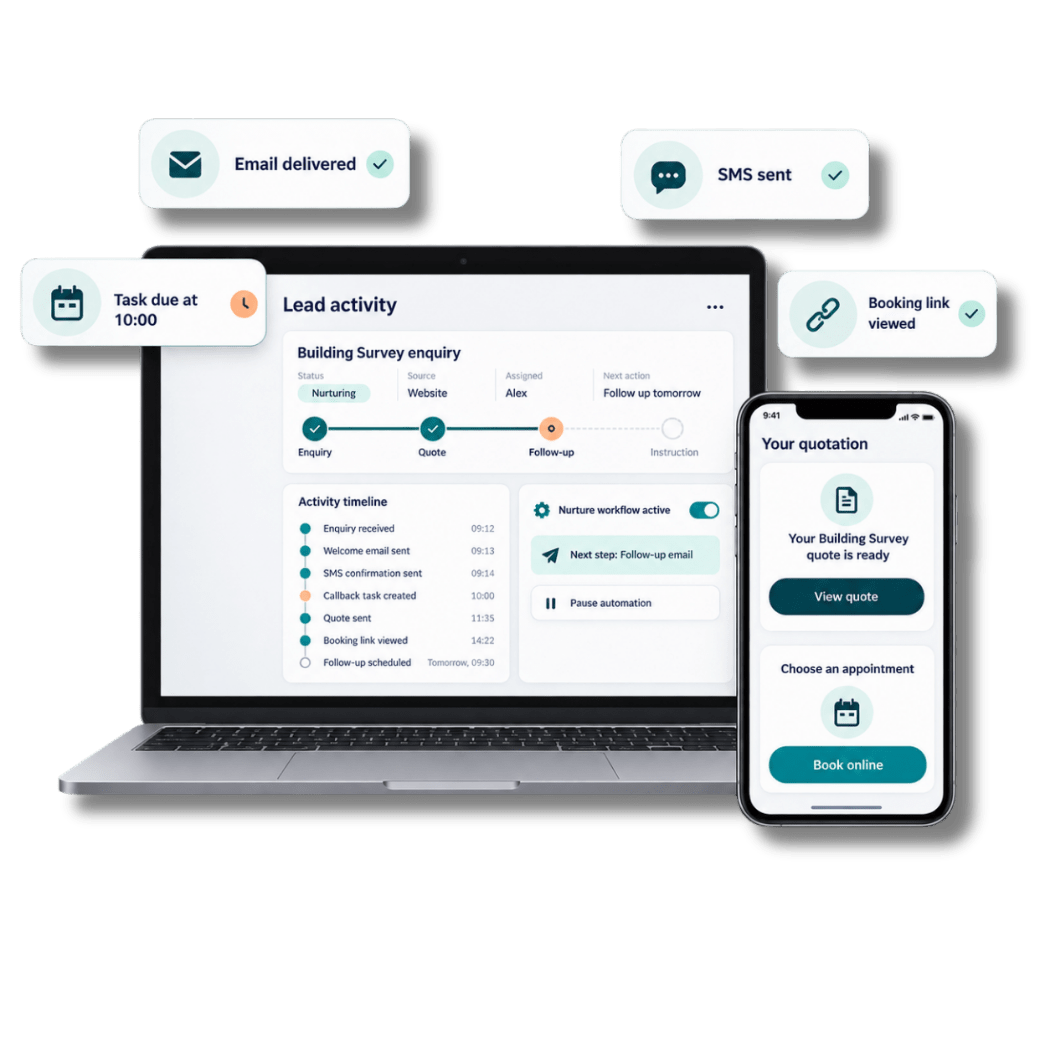 Survey Booker automated lead nurture journey showing email, SMS, tasks and customer follow-up