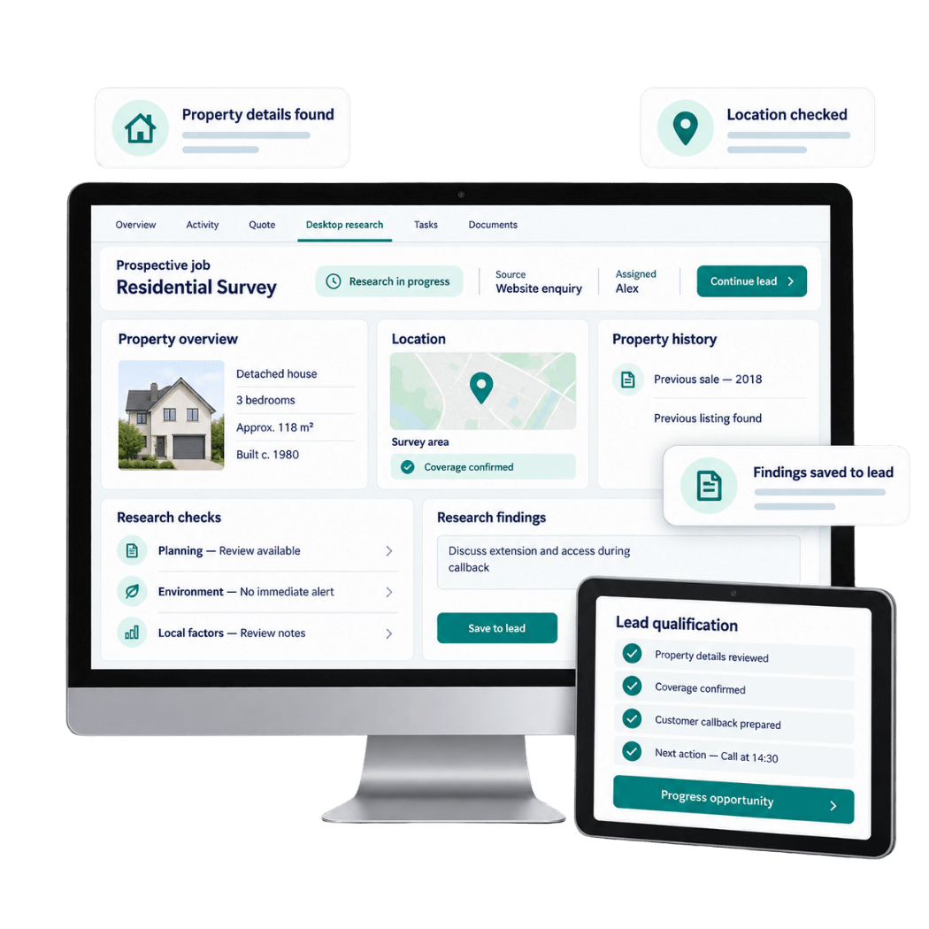 Survey Booker Desktop Research showing property information within a prospective customer record