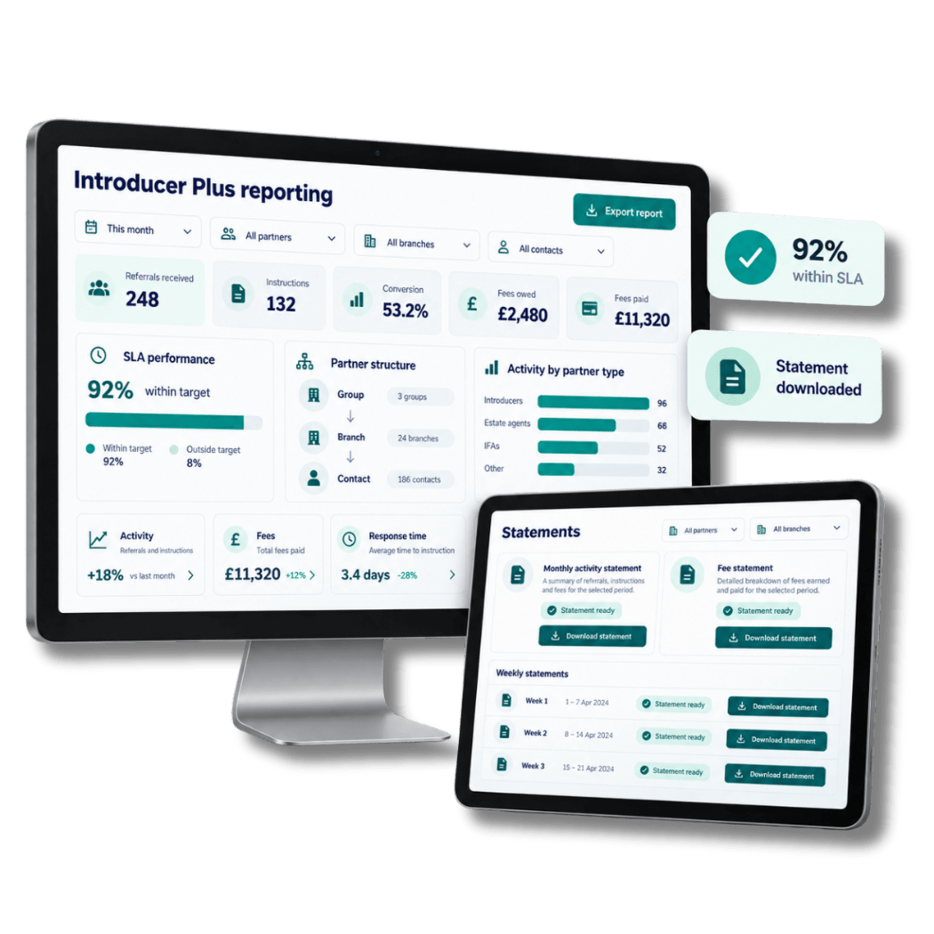 Survey Booker Introducer Plus reporting dashboard showing referral statistics, branches, fees and statements