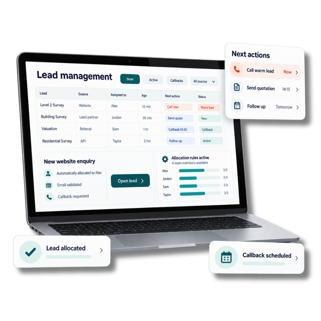 Survey Booker lead management dashboard showing automated allocation, priorities and follow-up activity