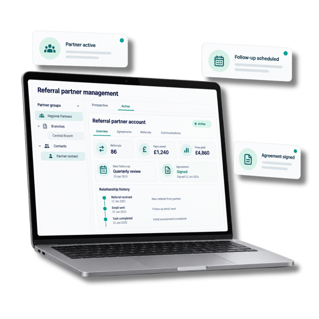 Survey Booker referral partner management dashboard showing introducers, branches, contacts, tasks and fees