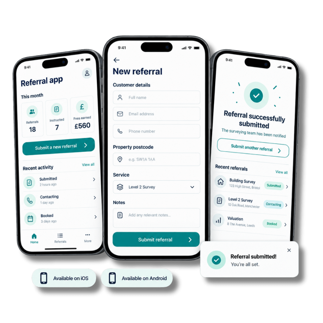 Survey Booker Referrer Mobile App showing referral statistics, submission and confirmation screens
