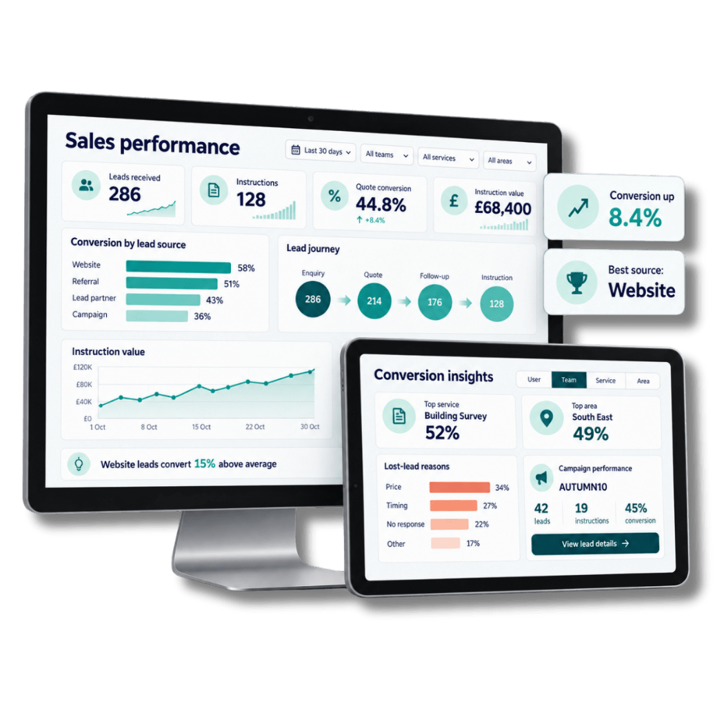 Survey Booker sales conversion and lead-source reporting dashboard with performance charts and filters