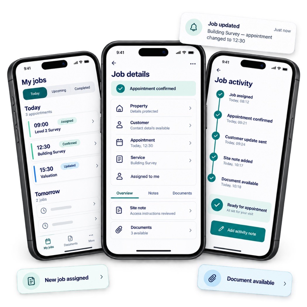Survey Booker Surveyor Mobile App showing assigned jobs, appointments and job information
