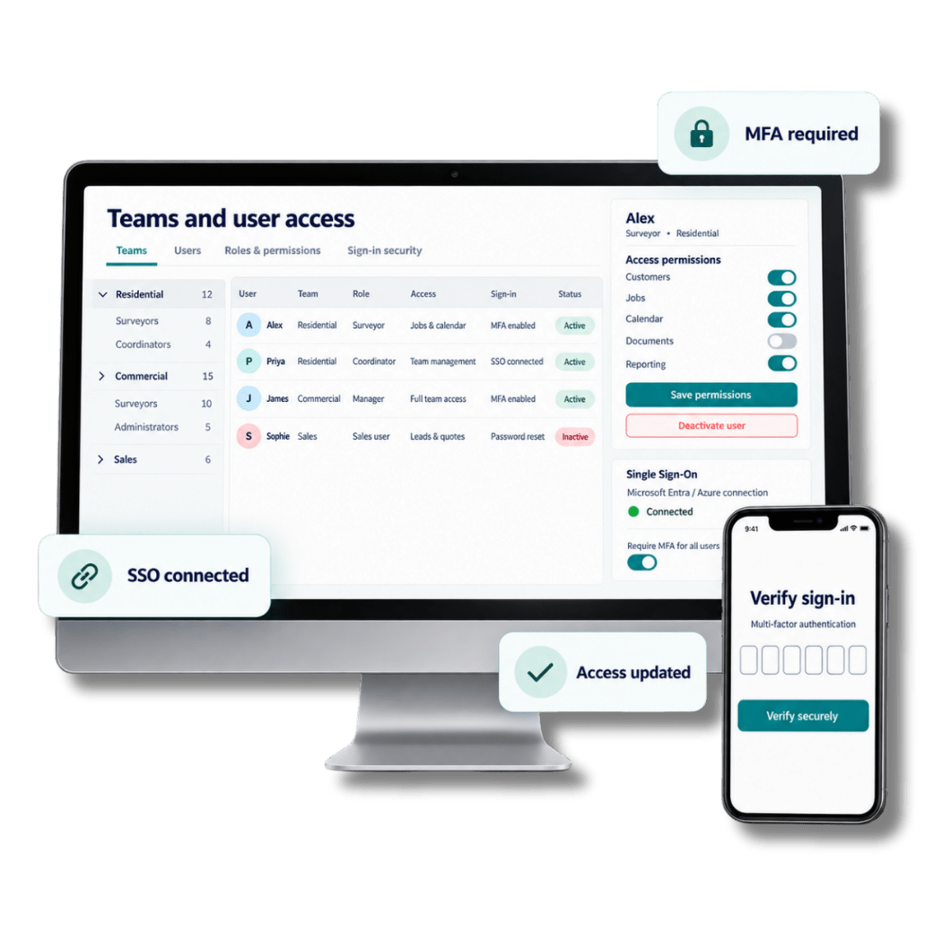 Survey Booker team structure and secure user access controls showing teams, roles and sign-in protection