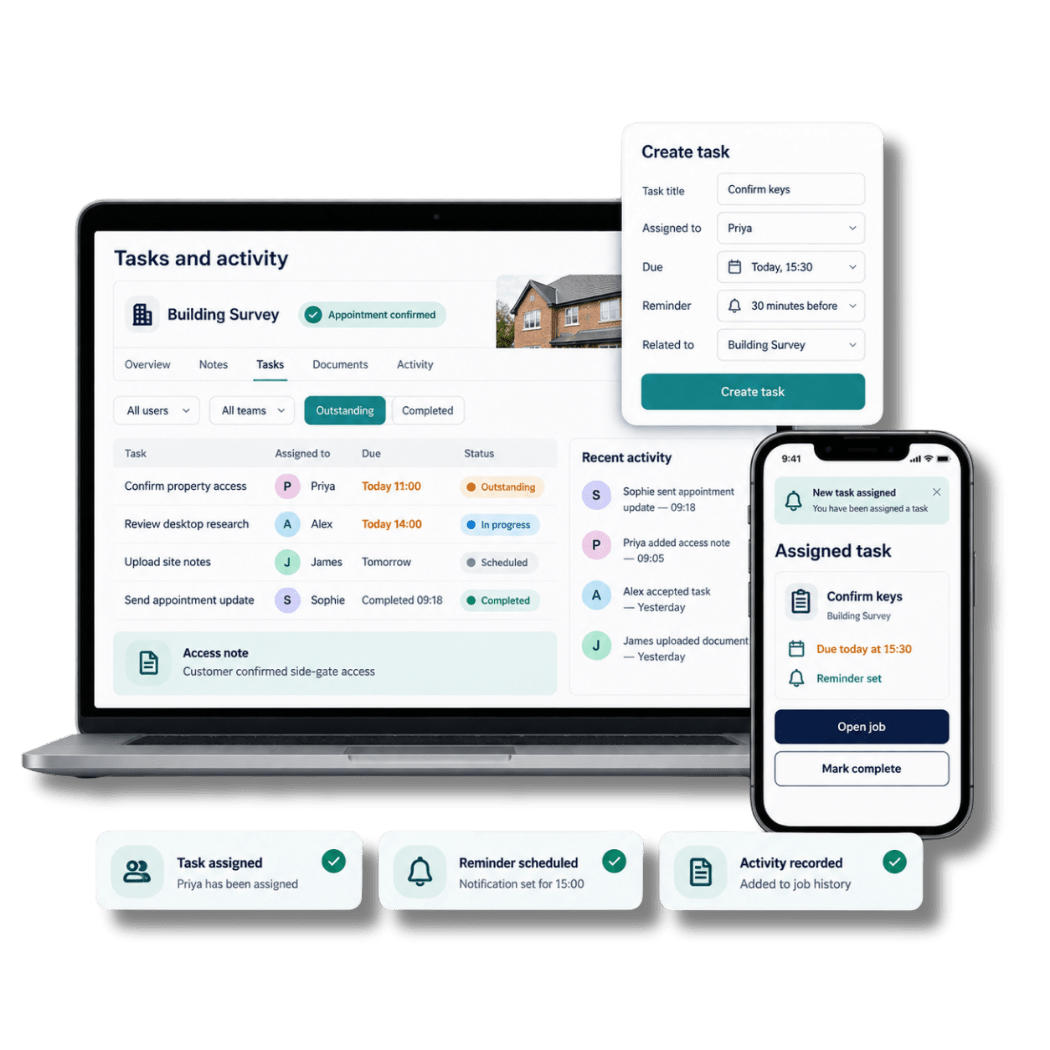 Survey Booker team task workflow showing assigned responsibilities, reminders and activity history