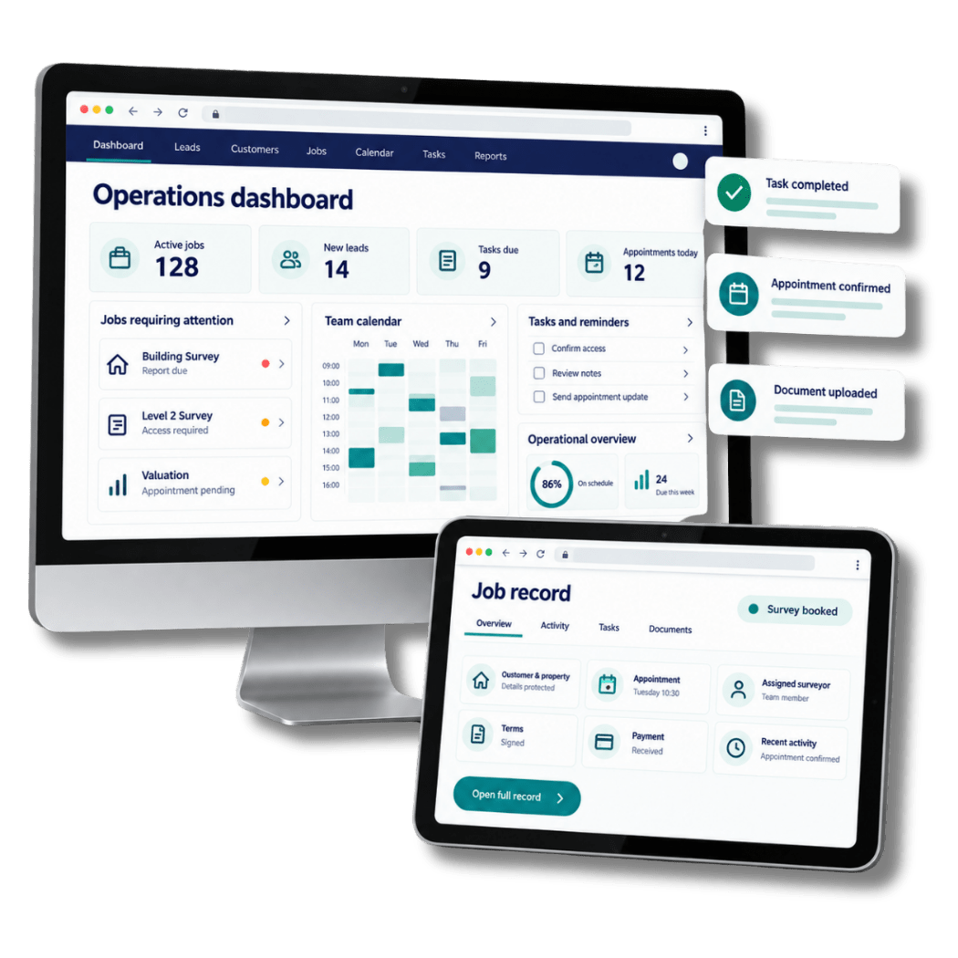Survey Booker web application displayed across desktop, laptop and tablet devices