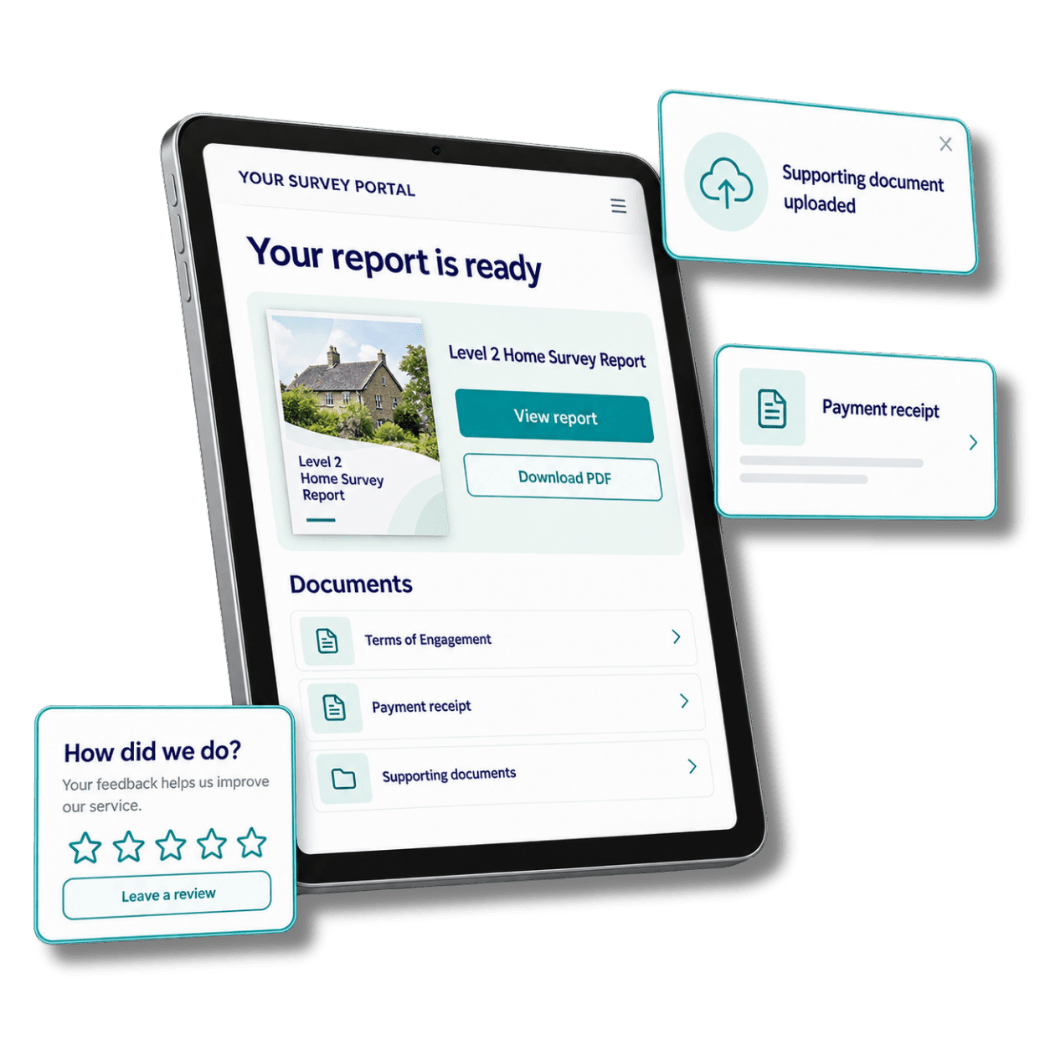 Survey Booker customer portal showing a completed report, shared documents and a customer review invitation