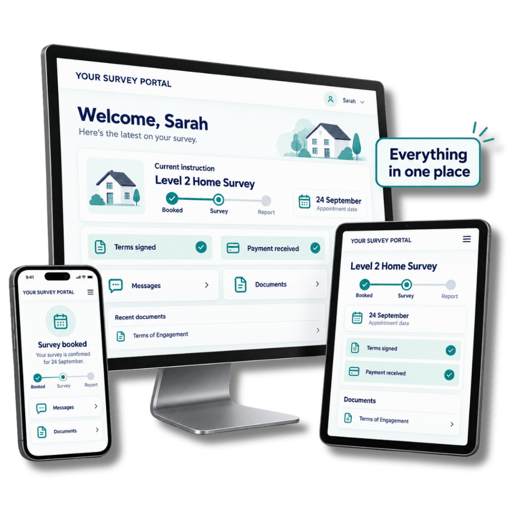 Survey Booker Customer Portal quote review and online booking journey on connected devices