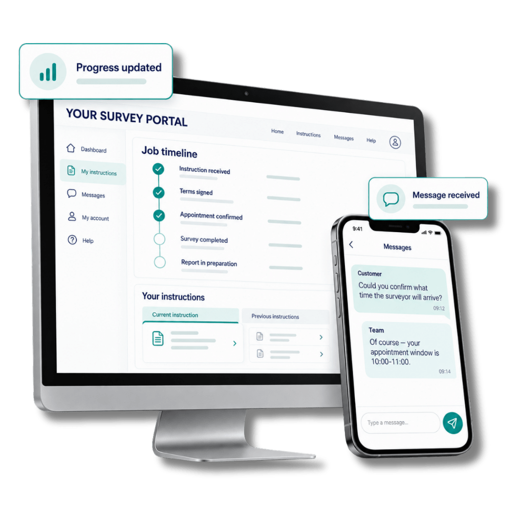 Survey Booker customer portal showing job updates, customer messaging and order history